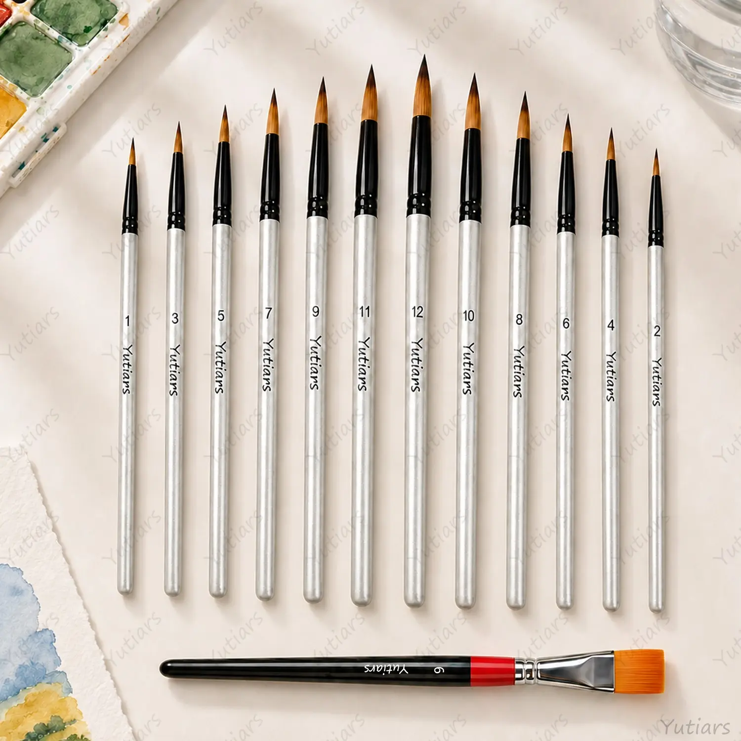 13PCS Painting Brush Set with Fine Point Round Brushes and Wide Flat Brush, Premium Art Supplies for Watercolor Acrylic Oil Painting