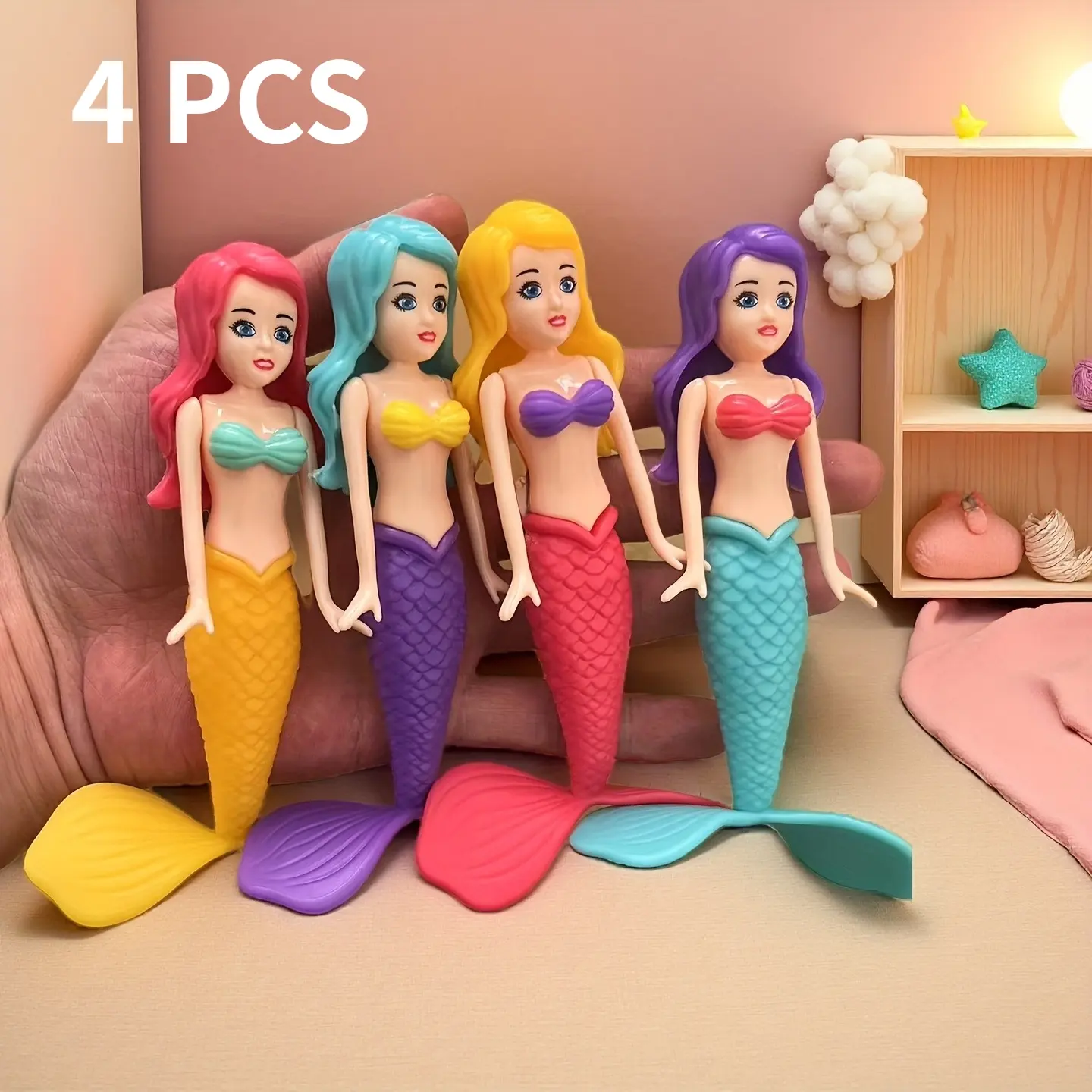 Set of 4 Spinning Mermaids, Cute Rotatable Figures, diving toys that rotate freely underwater and on the surface. Ideal for party favors, desktop decorations, pool and beach play, holiday and birthday gifts. Tail colors are assigned at random