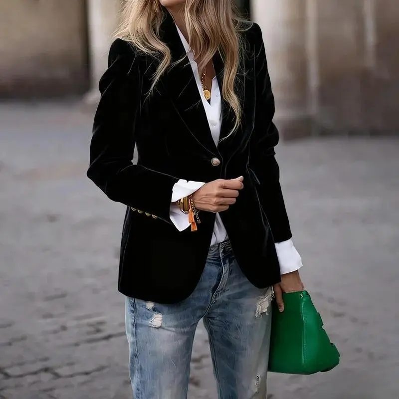 Elegant Velvet Blazer for Women Single Button Lapel Female Blazer Jacket Slim Fit Office Lady Outerwear Coat Spring Autumn Women