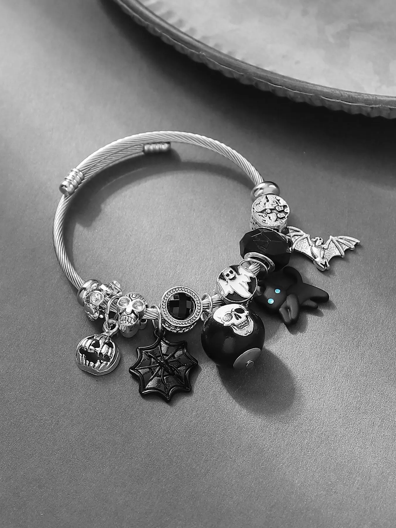 Halloween Dark Cat Skull Spider Web Bat Pumpkin Devil Pendant Stainless Steel Bracelet, DIY Jewelry for Women, Party Night Club Wear