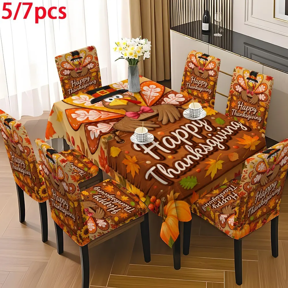 5PCS/7PCS Thanksgiving Happy Turkey tablecloth chair cover set (1 tablecloth+4/6 chair covers) 140 * 210cm tablecloth, easy to disassemble and wash, suitable for autumn home decoration/kitchen decoration; Suitable for camping, weddings, rooms, hotels