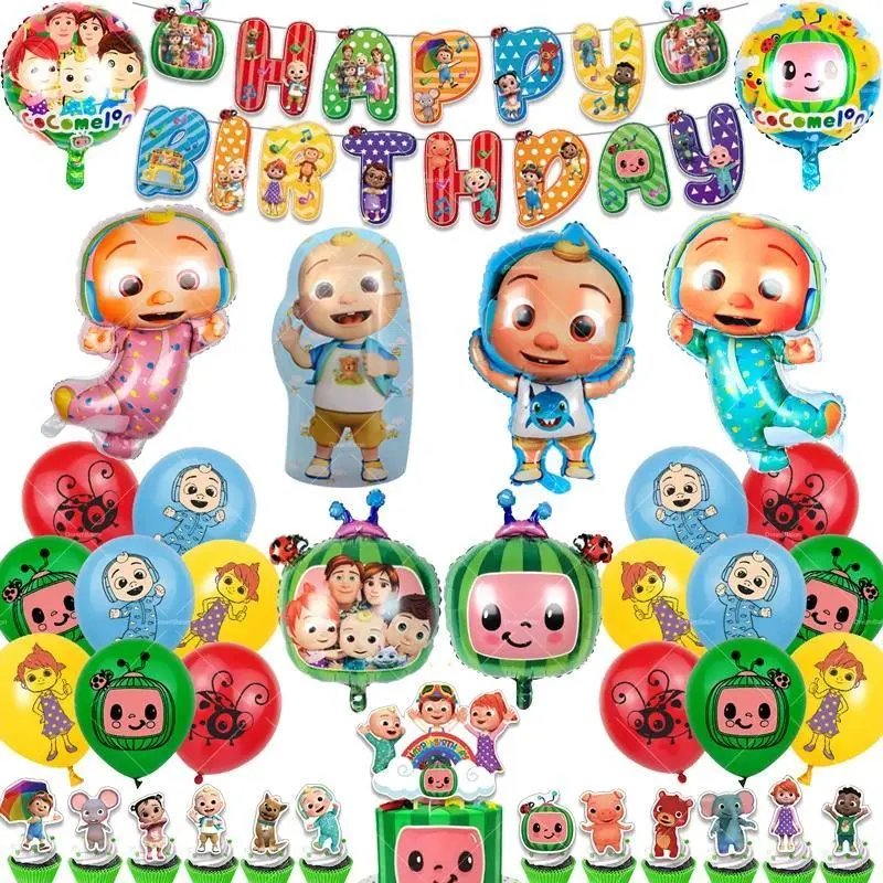 Cocomelon Cartoonish Character Prints Party Decorations - 13pcs Cake Toppers, Watermelon Balloons, Birthday Banner, Background Stickers, Disposable Tableware for Baby Celebration, Kid Boy Birthday Party, Latex/Foil
