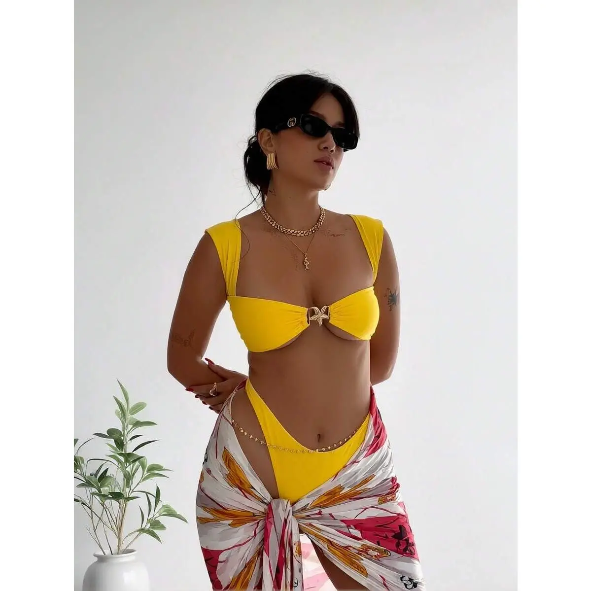 Women's Chic Bright Yellow 2-Piece Bikini Set - Wide Strap Top, Cheeky Bottom, Gold Flower Accent - Beach Wear Outfits for Summer Getaways