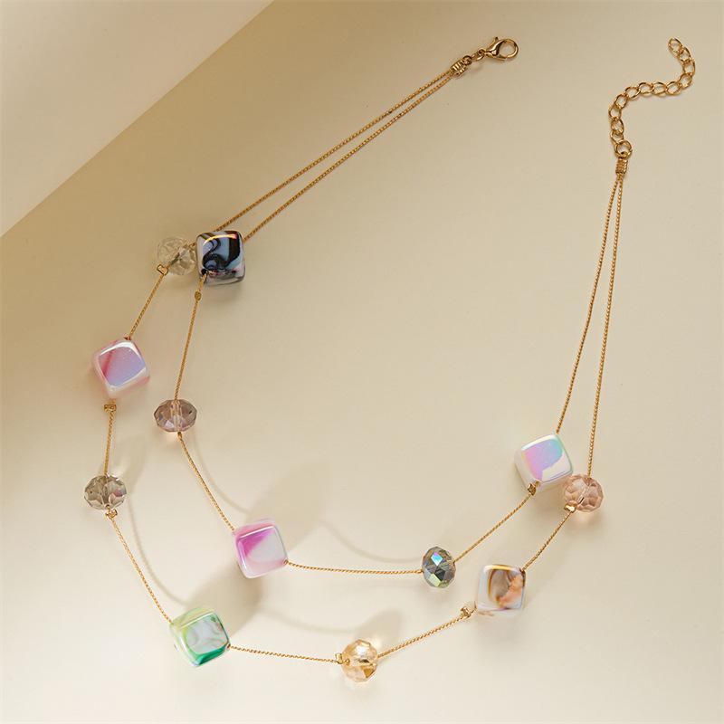 Minimalist Geometric White Aurora Square Necklace for Women Double Layer Locket Chain Elegant Modern Fashion Jewelry