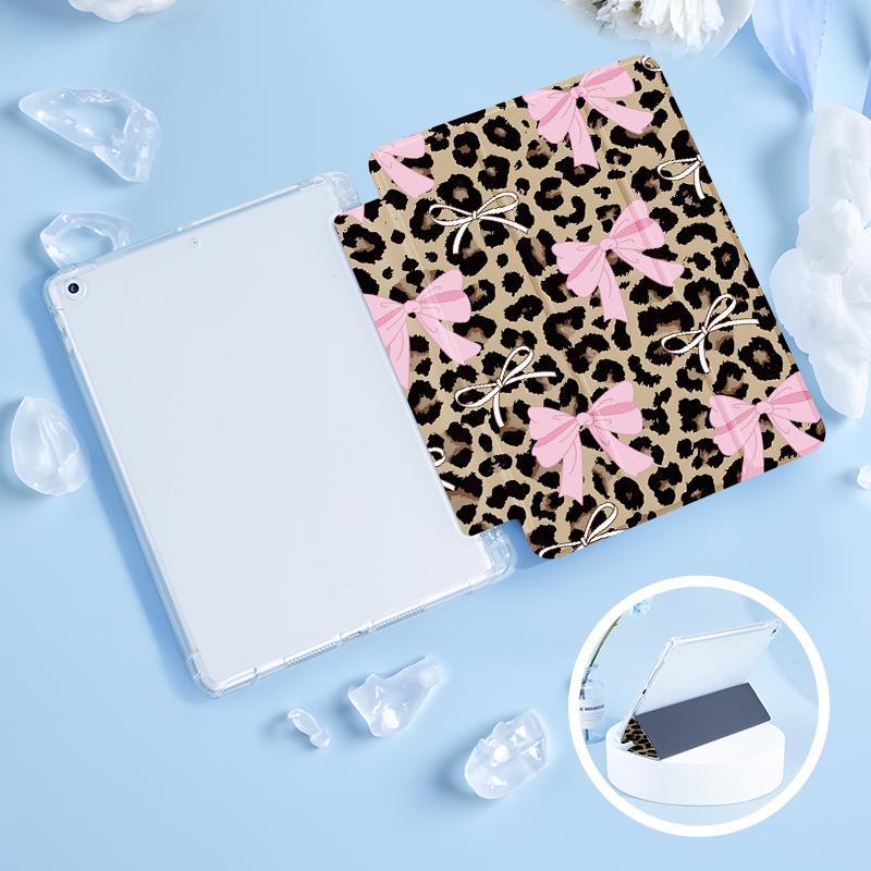Cute bow and leopard pattern, with adjustable bracket and pen slot, foldable non-slip TPU protective case, suitable for iPad mini, iPad Air, iPad Pro/iPad 10th generation, 11th generation and other series iPad protective cases