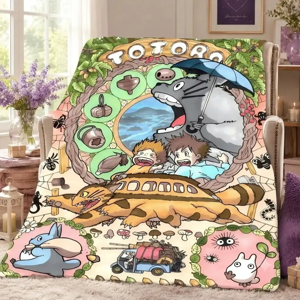 Totoro Vintage Hand‑Drawn Print Blanket, Baby & Adult Size, Studio Ghibli Fan Collection, Living Room Sofa Cover, Office Nap Mat, Cozy Throw Blanket, Perfect Holiday & Birthday Gift for Ghibli Anime Fans birthday gift Comfort Blanket