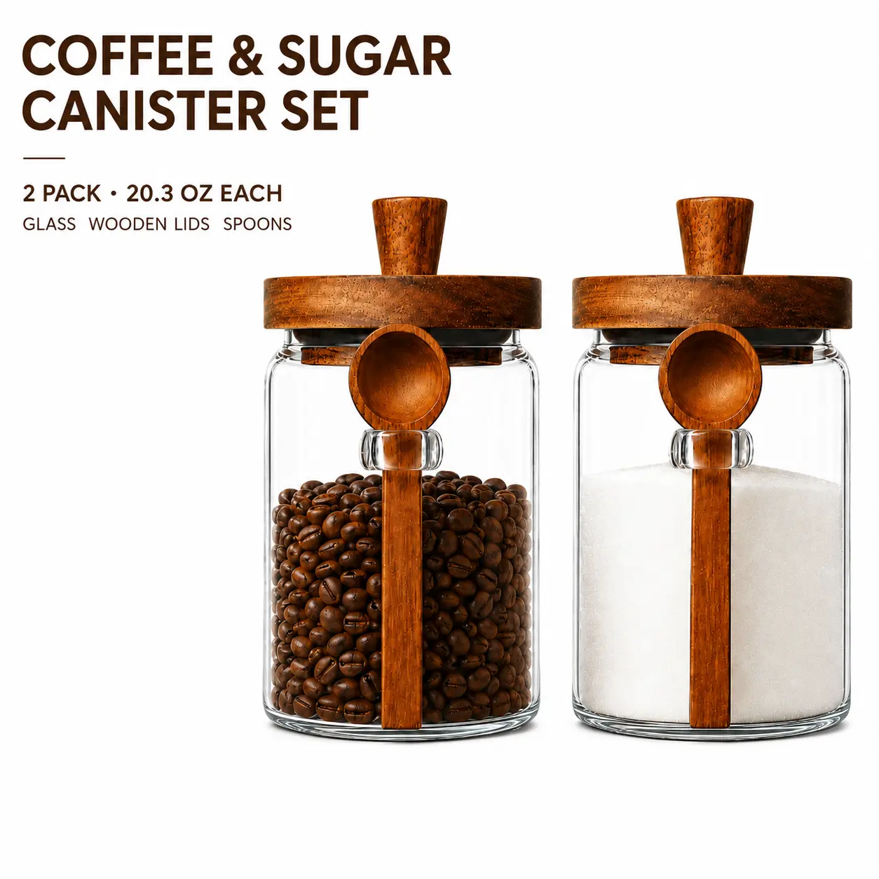 MIUVA Coffee and Sugar Container Set  2/4 Pack 20.3 oz Glass Coffee Canisters with Wooden Lids and Spoons Airtight Coffee Bar Organizer for Kitchen Countertop Pantry