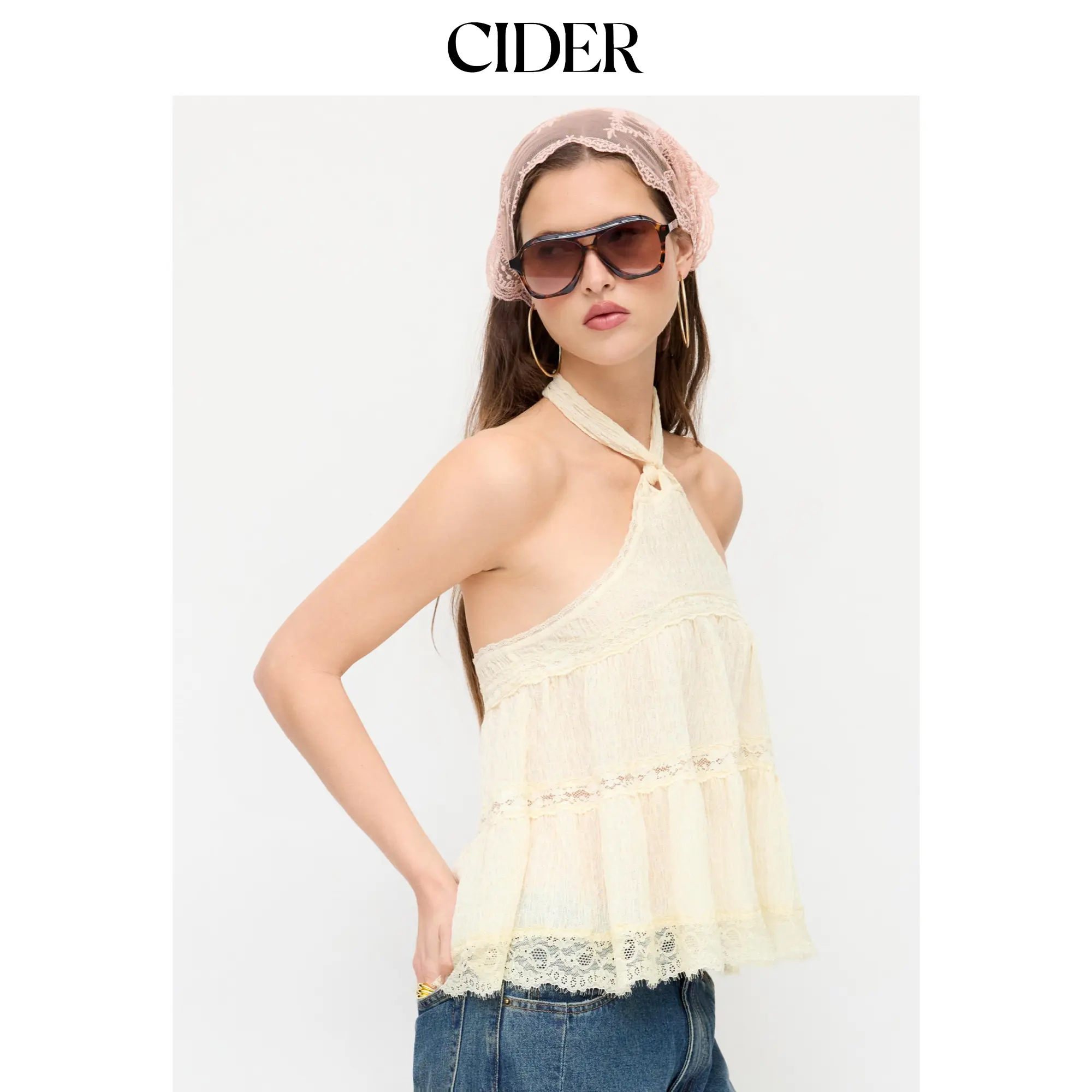 Cider Halter Neckline Knotted Lace Trim Oversized Top SummerWins SummerFinds