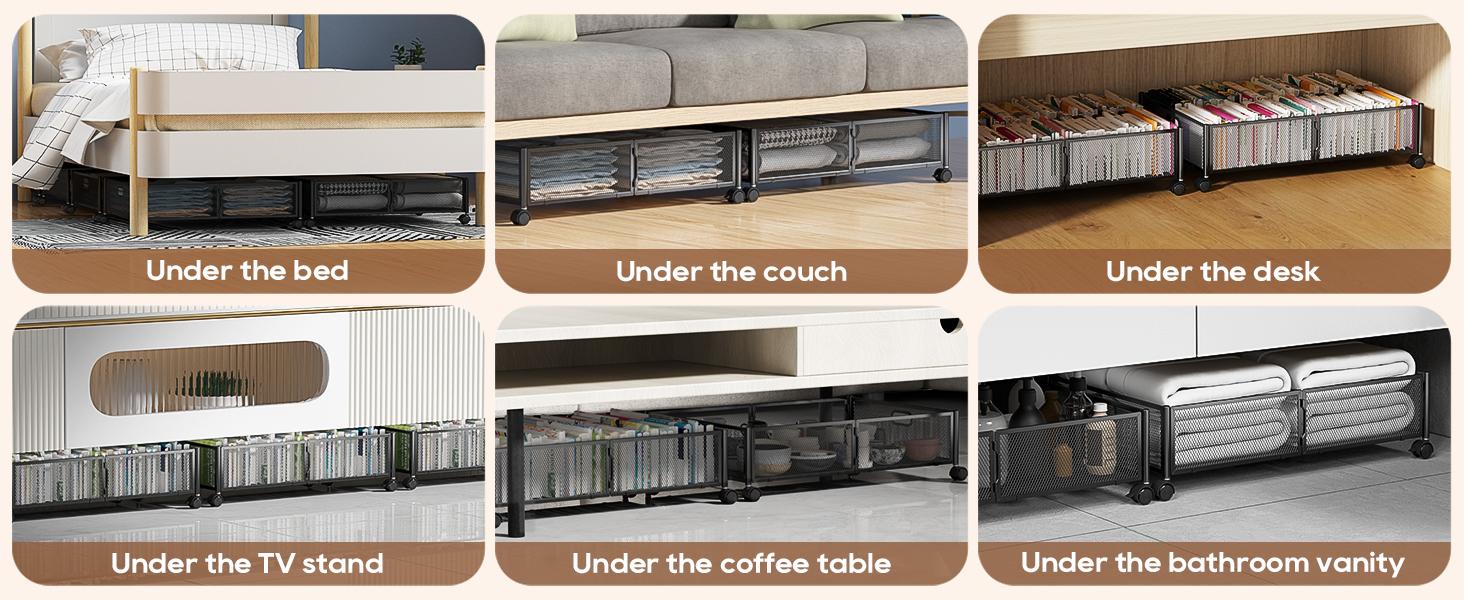 Bed Storage with wheels, Under the Bed Storage Containers,Upgrade Crossed Iron Wire, Metal Rolling Underbed Storage Containers for Bedroom Clothes Shoes Blankets-2 Pack,Black
