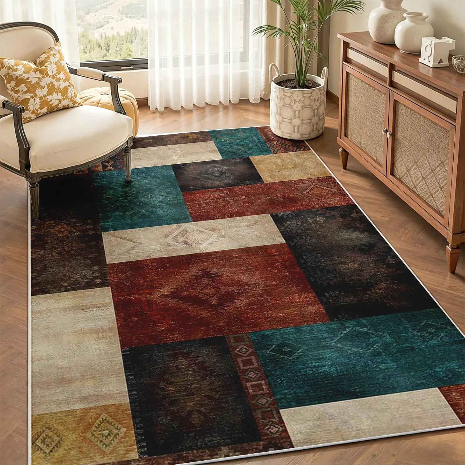 Patchwork Area Rug, Vintage Color Block Design, Non-Slip Machine Washable Soft Faux Cashmere Carpet, Stain-Resistant Floor Rug for Living Room and Bedroom Decor, (Various Sizes)