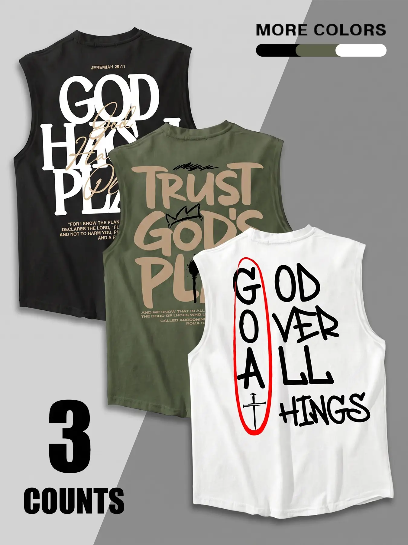 3 Pack Men's Christian Sleeveless Tank Tops, Printed with Bible Verses, God's Plan & Faith Graphics, Religious Theme Sleeveless Tees Suitable for Gym Workout, Fitness & Casual Daily Wear, Multiple Colors Available