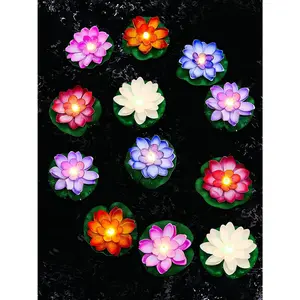 12 Pcs Floating Lotus Lights with Batteries Lily Pads Pool Flowers Floating Candles Decor Artificial Pond Plants Decorations for Pool Pond Outdoor Indoor (Multicolor,3.94 Inch)