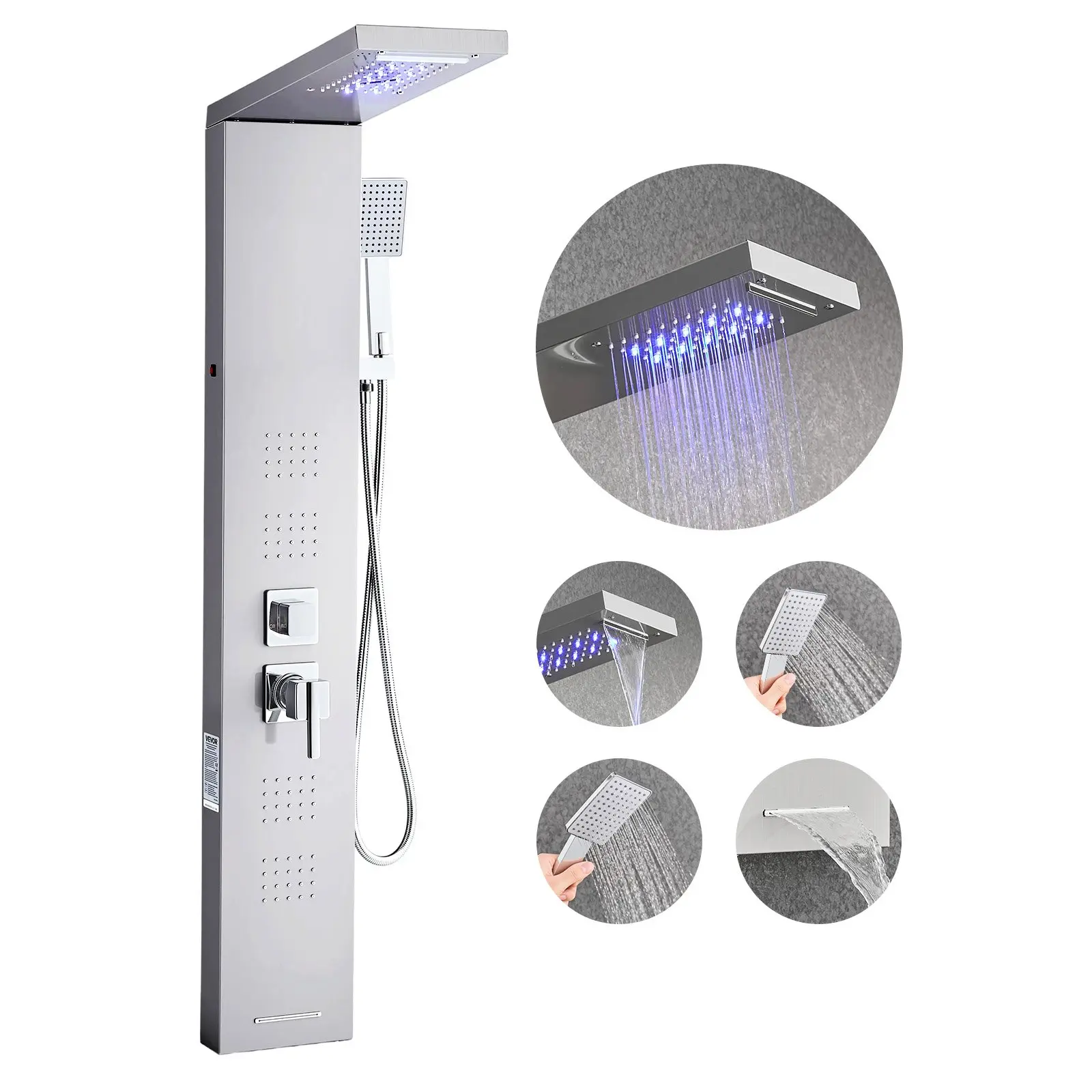VEVOR Shower Panel Tower System with Rainfall Waterfall Shower Head, LED, 53 in Brushed Stainless Steel Shower Column, 5-Function Faucet, Wall-Mount Rain Massage System, with Handheld and Tub Spout