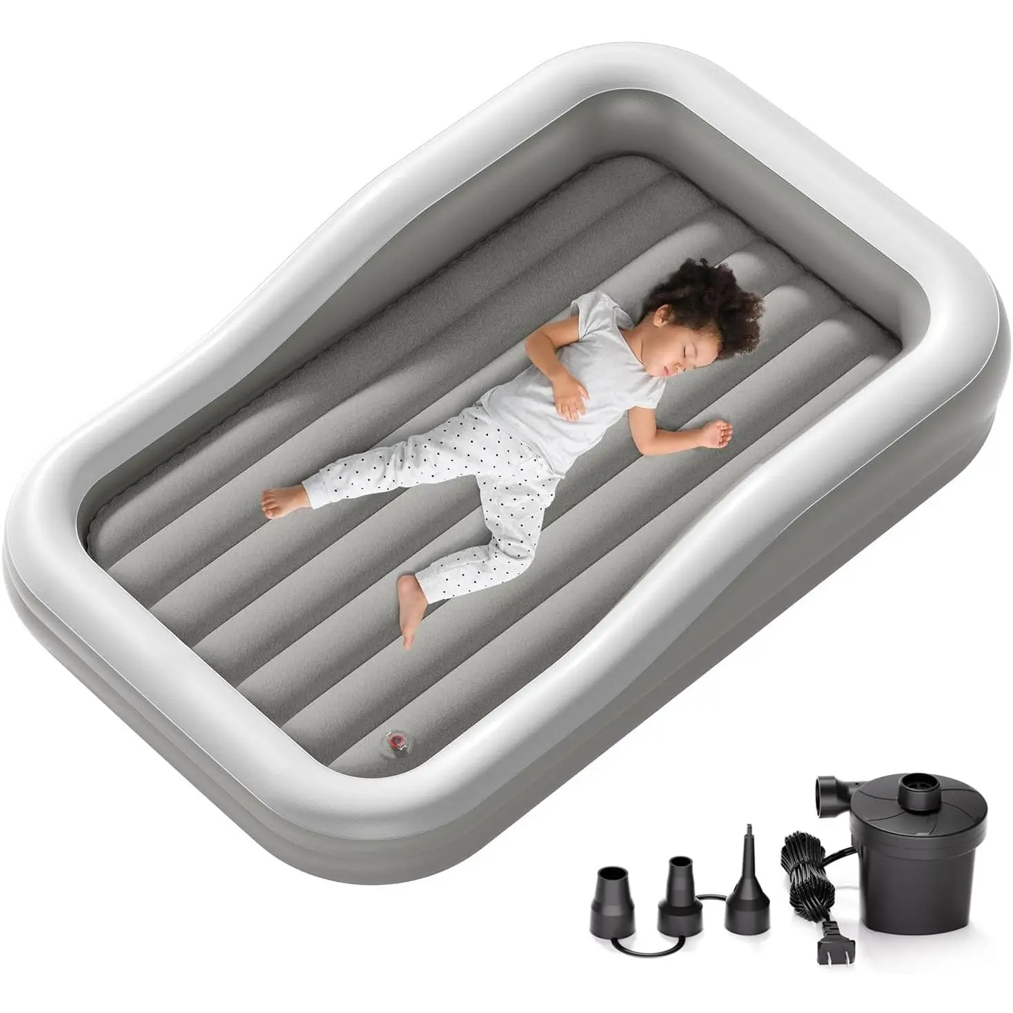 Inflatable Toddler Travel Bed with 3-Sided Safety Bumpers, Extra Large Kids Air Mattress, Includes Detachable Mattress, Portable for Camping, Travel, Home Use (Grey)