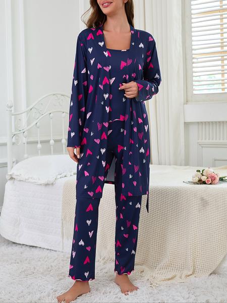 Women's Heart Print Robe Set with Tank Top & Leggings, Comfortable Casual Home Wear, Fall Winter Fitted Sleepwear, 3 Piece, Soft Lounge Sets