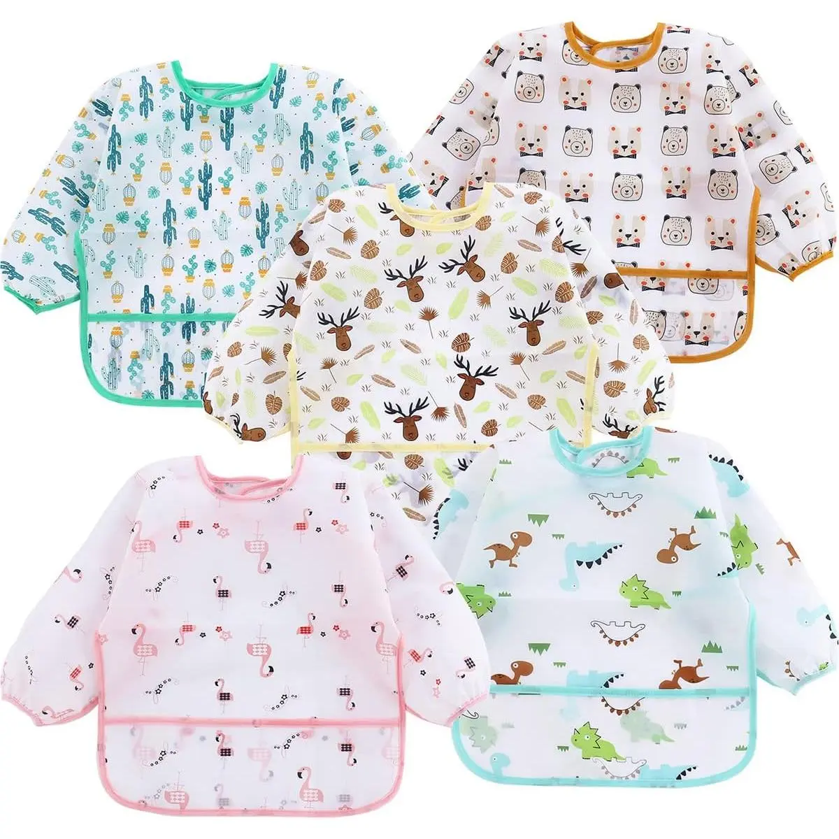 5 Pack Long Sleeve Bibs  Babies 6-24 Months, Lightweight Waterproof Toddler Smock  Eating & Messy Art, Washable Weaning Bibs with Stay-Open Pocket, Breathable & Travel-Friendly New model