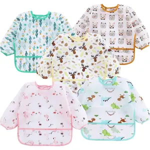 5 Pack Long Sleeve Bibs  Babies 6-24 Months, Lightweight Waterproof Toddler Smock  Eating & Messy Art, Washable Weaning Bibs with Stay-Open Pocket, Breathable & Travel-Friendly
