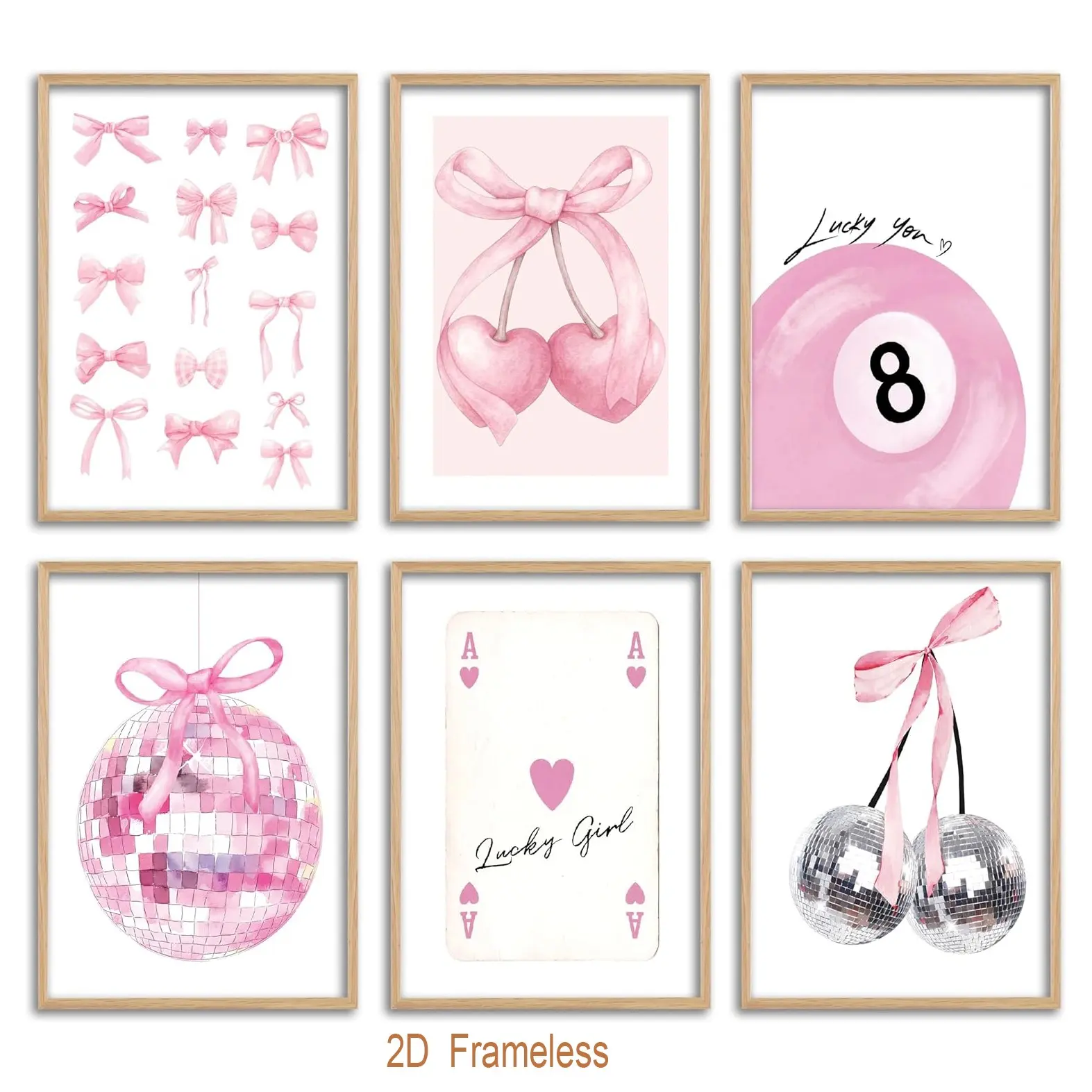 6-piece set of playful, preppy-style Home Wall Art for girls; stylish posters featuring pink bows; trendy, soft-toned posters perfect for bedrooms, dorm rooms, and apartments; frameless