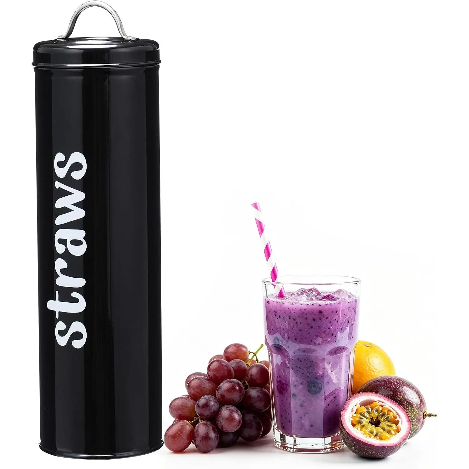 Metal Straw Holder with Handle Lid, 12 Inches Tall Drinking Straw Dispenser | Large Capacity Holds 100 Bulk Drinking Straws, Rustic  Straw Container, Black