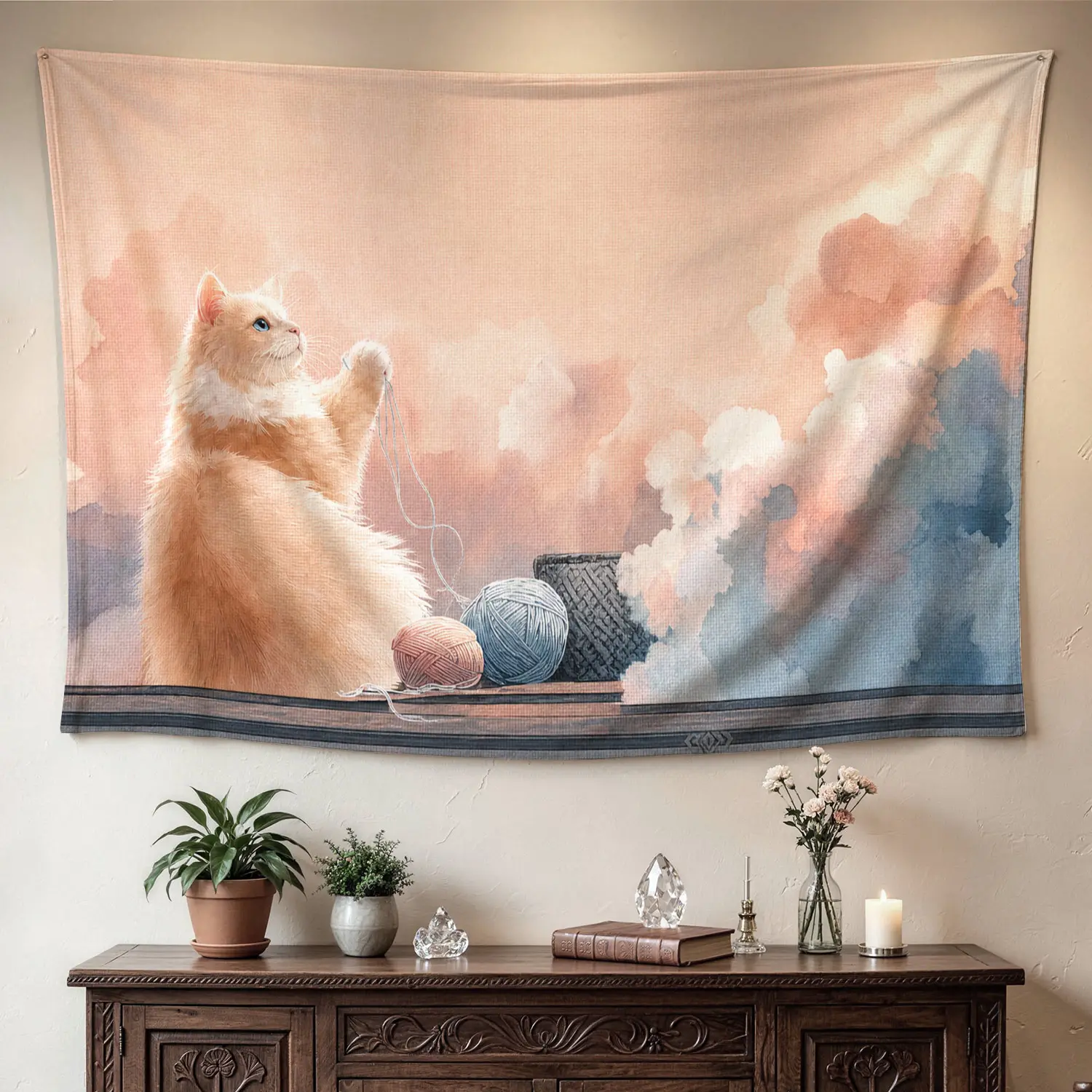 Cute Fluffy Cat & Yarn Watercolor Aesthetic Tapestry - Large Horizontal Printed Polyester Wall Hanging, Artwork for Living Room Decor, Room Decor Decoration, No-Install Hippie Aesthetic Gift for Family