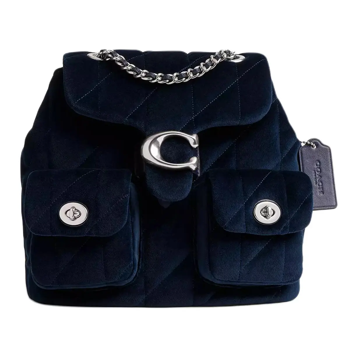 COACH Tabby 23 Velvet Backpack for Women – Silver Logo Turn-Clasp Closure, Medium Size, Blue