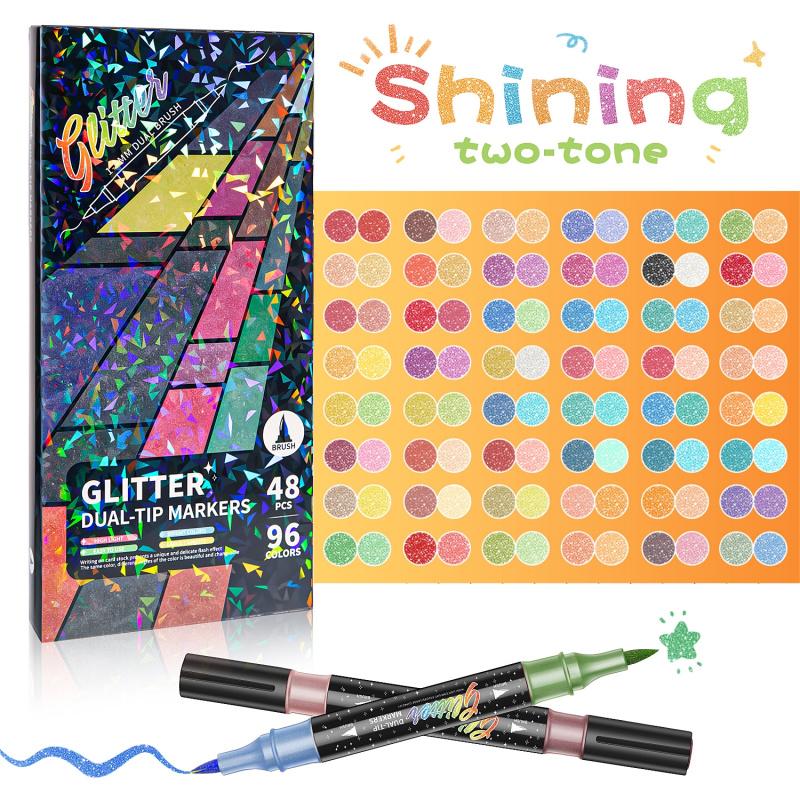 24/48/72/96 Colors Glitter Effect Brush Markers, Dual-Tip Dual-Color 1–5 mm Soft Brush Shimmer Markers for Doodle Writing and DIY Glitter Art, Greeting and Birthday Card Making, DIY Painting Supplies, Art Materials, Art Color Set, Coloring Markers 24/48/72/96 Colors Glitter Effect Brush Markers, Dual-Tip Dual-Color 1–5 mm Soft Brush Shimmer Markers for Doodle Writing and DIY Glitter Art, Greeting and Birthday Card Making, DIY Painting Supplies, Art Materials, Art Color Set, Coloring Markers