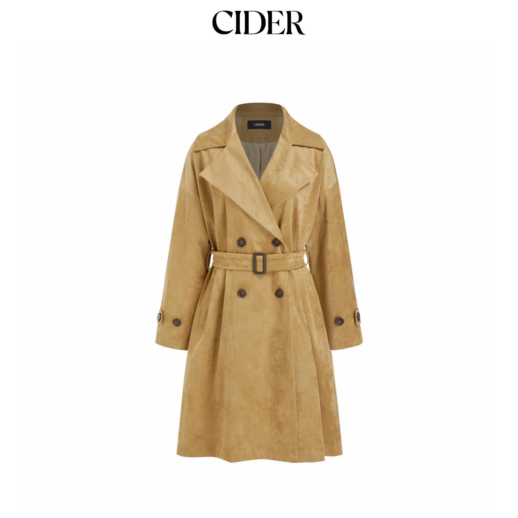 Cider Suede Notched Collar Double Breasted Oversized Trench Coat With Belt SummerFinds