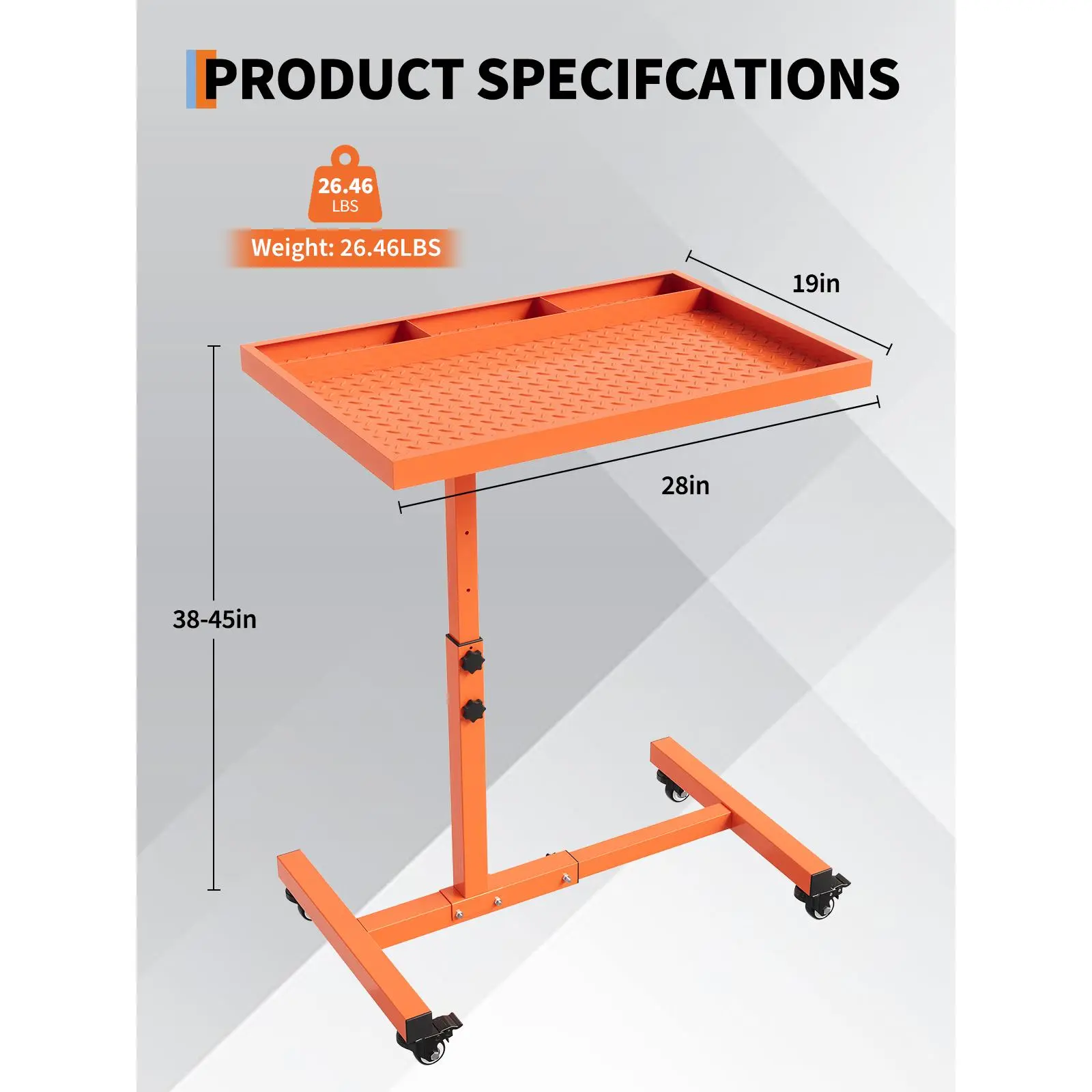 Garvee Heavy-Duty Adjustable Rolling Work Table with Lockable Casters & Tool Tray, 220 lbs Capacity, 38"-45" Height for Garage Workshop – Black/Orange