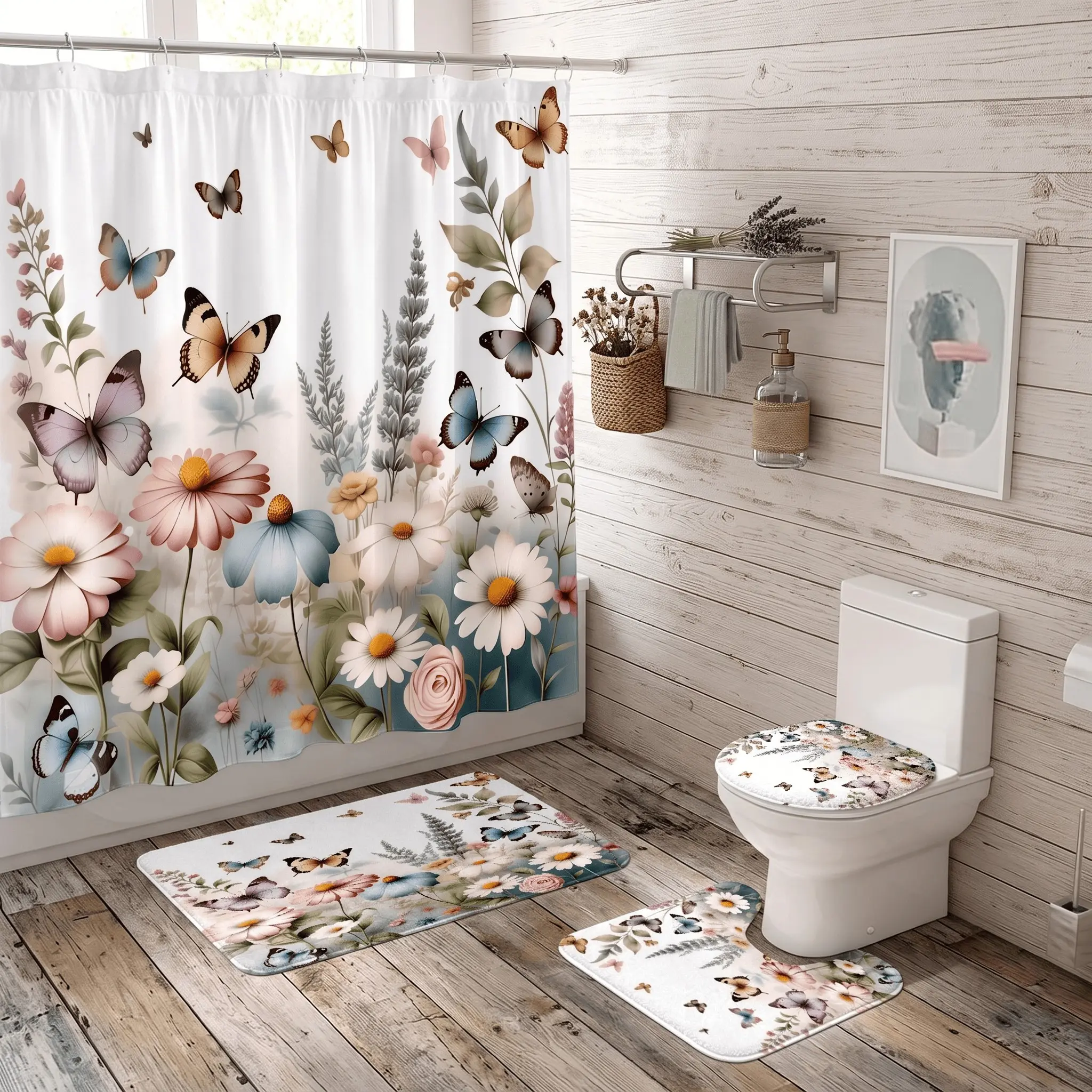 4pcs  Floral Butterfly Shower Curtain Set, Colorful Wildflower Daisy Print, Bathroom Set with Bath Mat, The floor mat fabric is thicker and softer! Contour Rug, Lid Cover, Aesthetic Decor