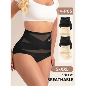 4-pack of high-waisted ice silk briefs, featuring a cross-over design with breathable mesh, seamless construction comfort and skin-friendliness, high-waisted design easy tummy control, comfortable and refreshing everyday wear