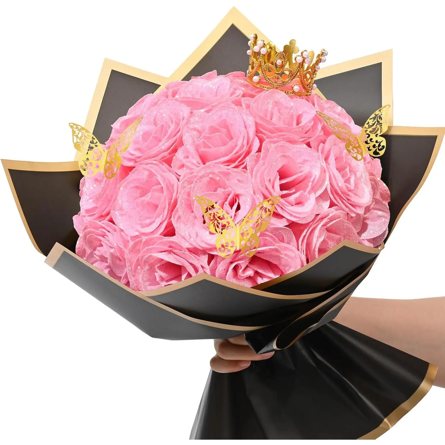 24-Piece Realistic Colorful Pink Glitter Fake Rose Bouquet - DIY Home Decor Flowers, Anniversary Gift, Valentine’s Day Decor for Wedding Home Supplies