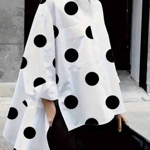 Plus Size Polka Dot Oversized Shirt Casual Collared Loose Blouse, Basic Fashion Tops, Relaxed Fit Casual Ensembles, Stylish Irregular Hem Daily Street Wear, Blouses Shirts