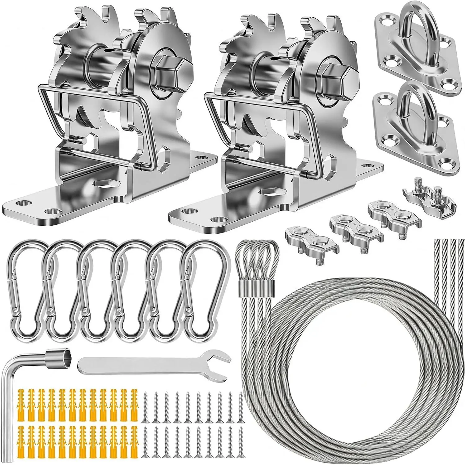 Sunshade sail hardware kit, equipped with a ratchet winch, heavy-duty 304 stainless steel wind-resistant sunshade tension kit, suitable for rectangular and triangular sunshades, ideal for outdoor patios and gardens (includes winch + 4 steel cables)