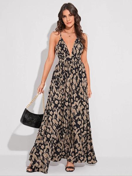 Women's All Over Print Criss Cross Backless Fitted Cami Dress, Boho Sleeveless Maxi Dress for Beach Holiday Vacation, suitable for all seasons