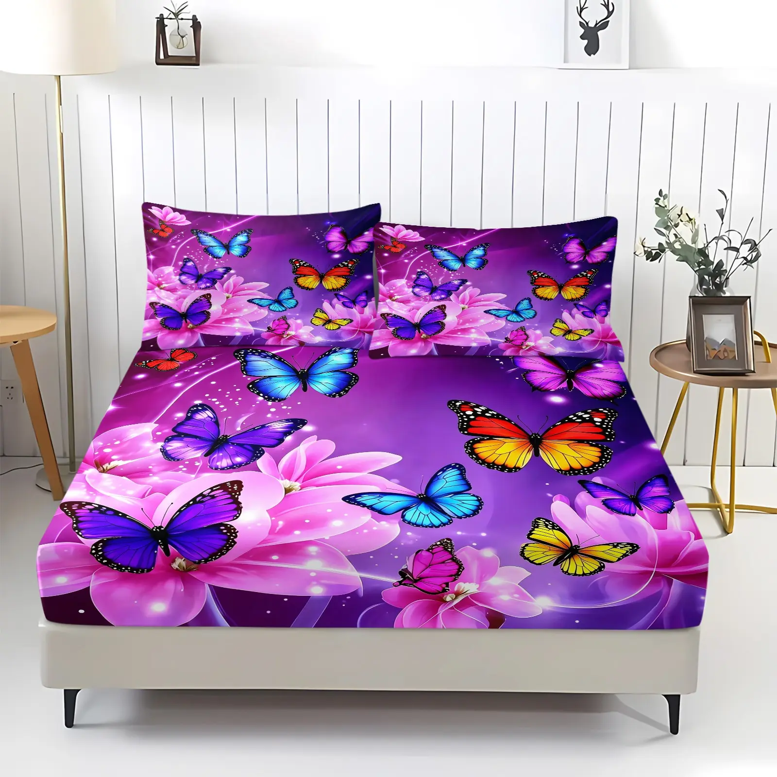 Purple Butterfly Breathable Fitted Sheet Sets With 2 Pillowcases, Colorful Flowers Bedding Set 3Pcs for Girls Woman Adult Room Decor, Dreamy Galaxy Bed Cover 3 Pcs