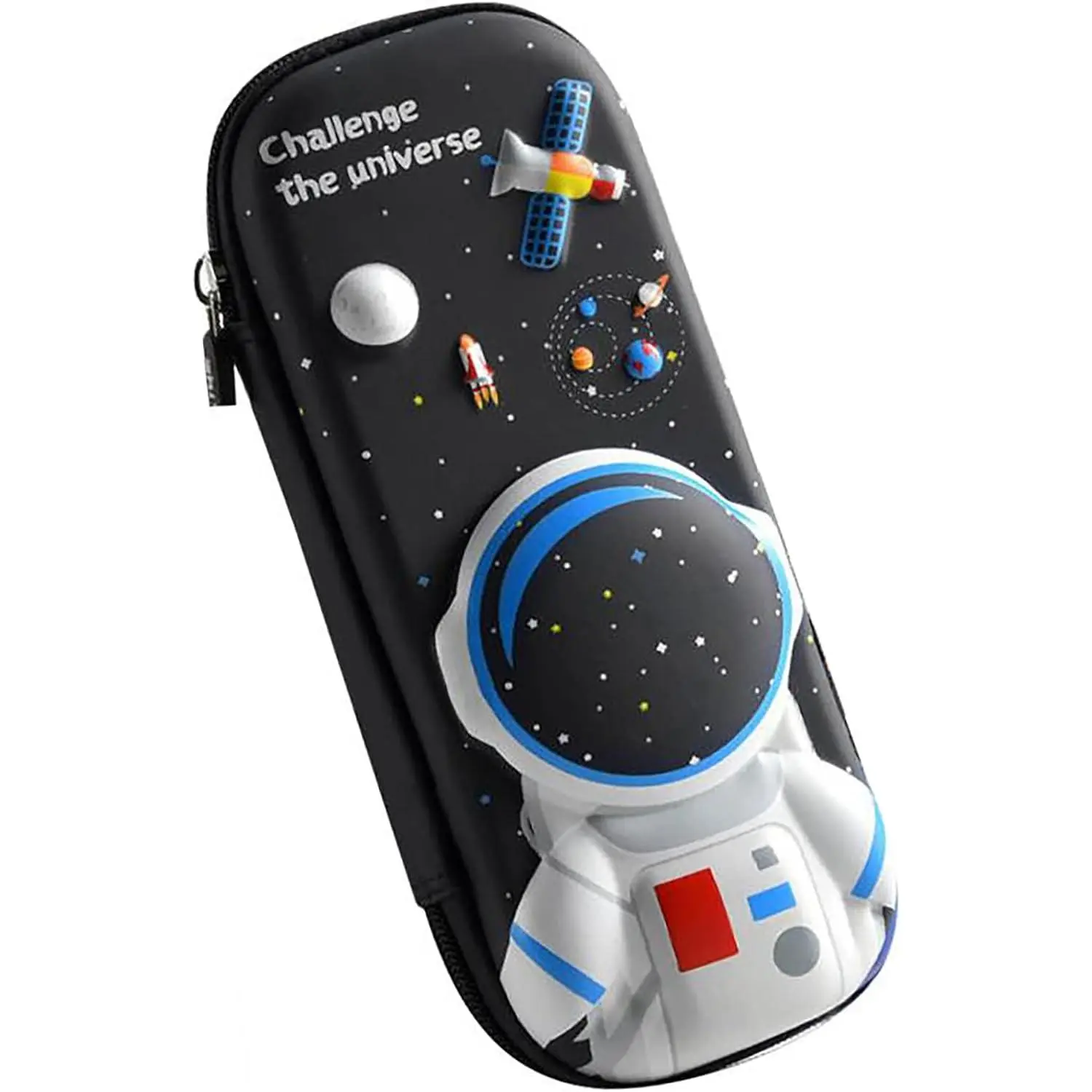 Astronaut-Themed Boys' Pencil Case, EVA Synthetic Embossed Print Stationary Storage with Compartments, Large-Capacity School Pen Pouch (Black, Boys' Gift)