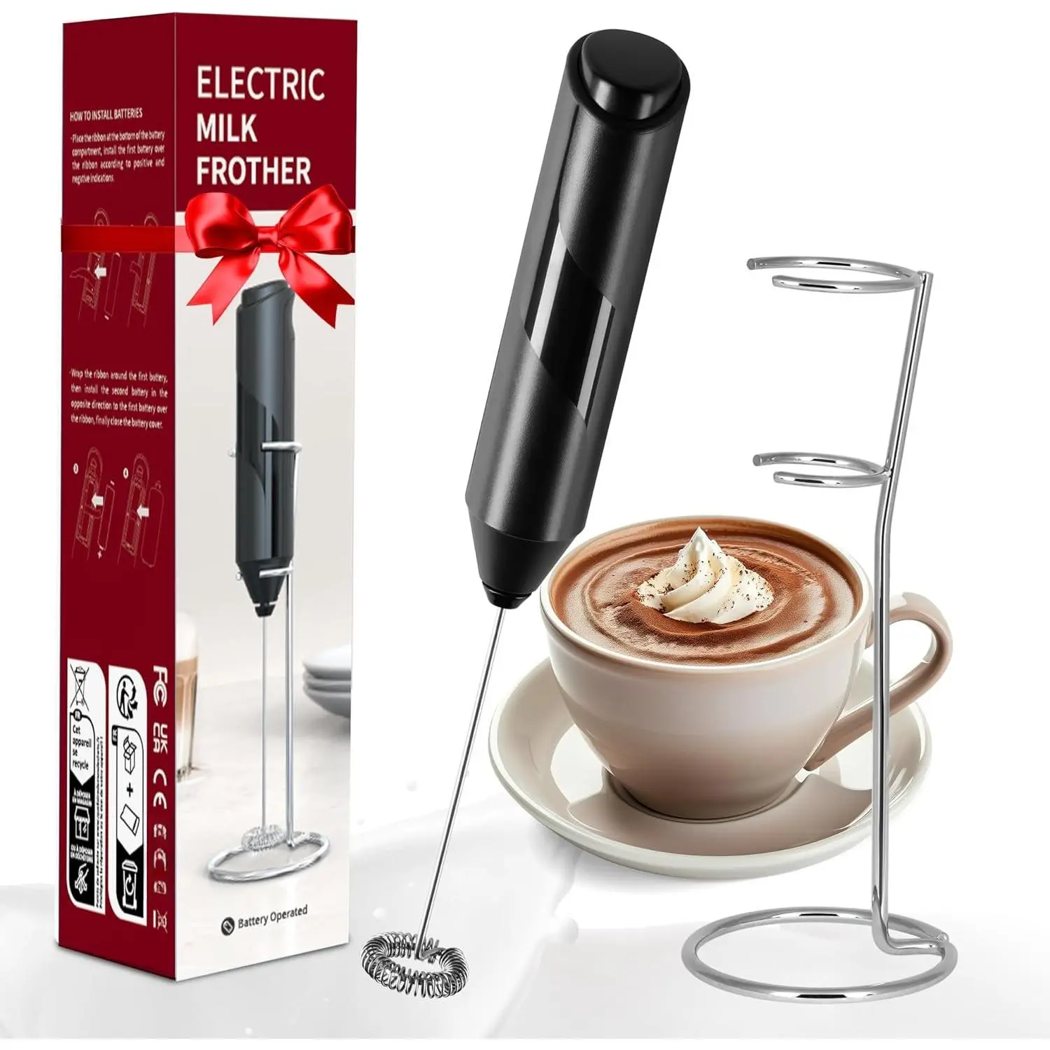 Electric Milk Frother Handheld with Stainless Steel Stand  Operated Whisk Drink Mixer for Coffee, Frappe, Latte, Matcha, Black (Handheld, Black)