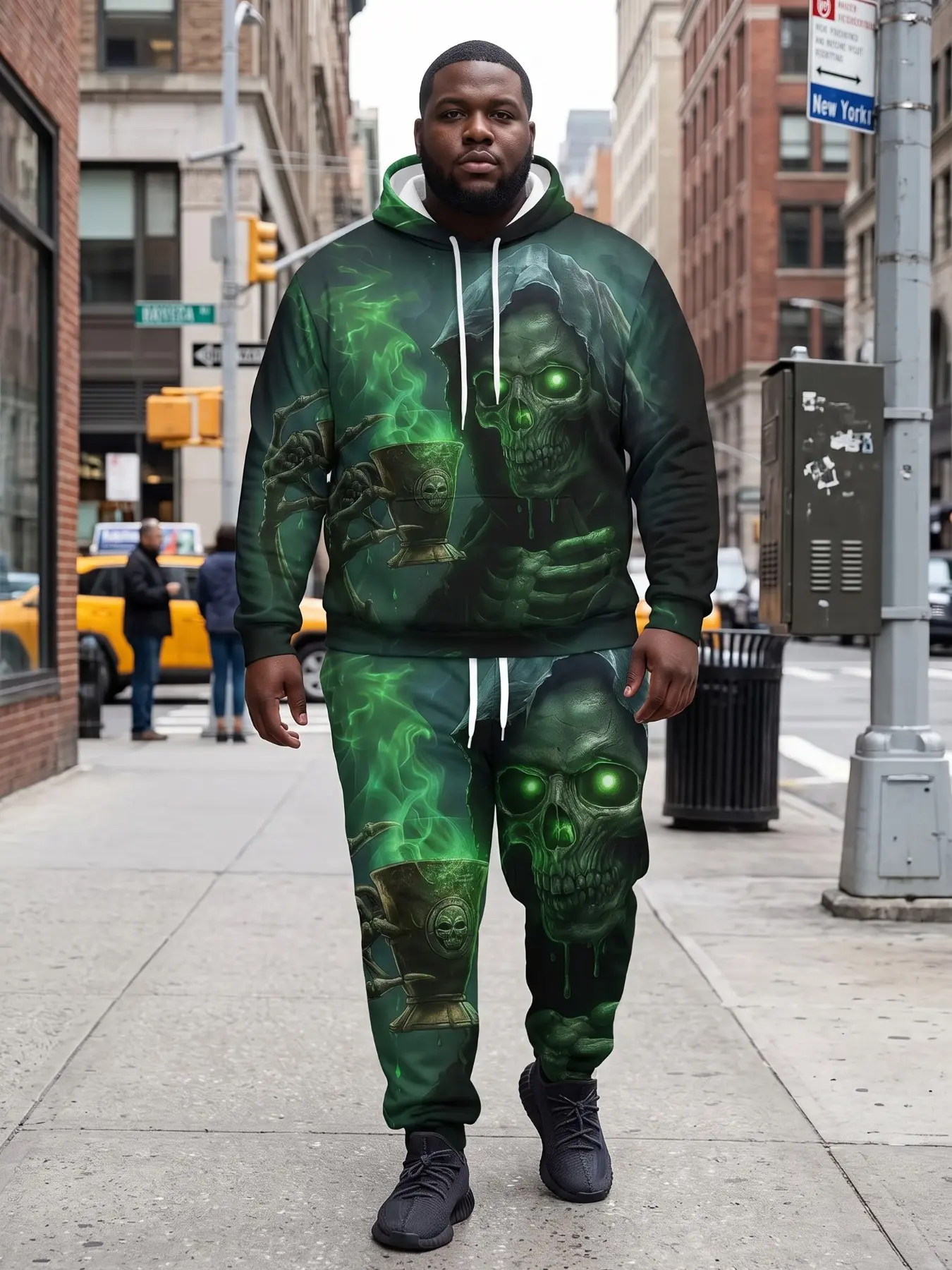 Men's Plus Size Street Style Hooded Sweatshirt Set, Halloween Costume, Long Sleeve Loose Fit, All over Print, Casual Wear