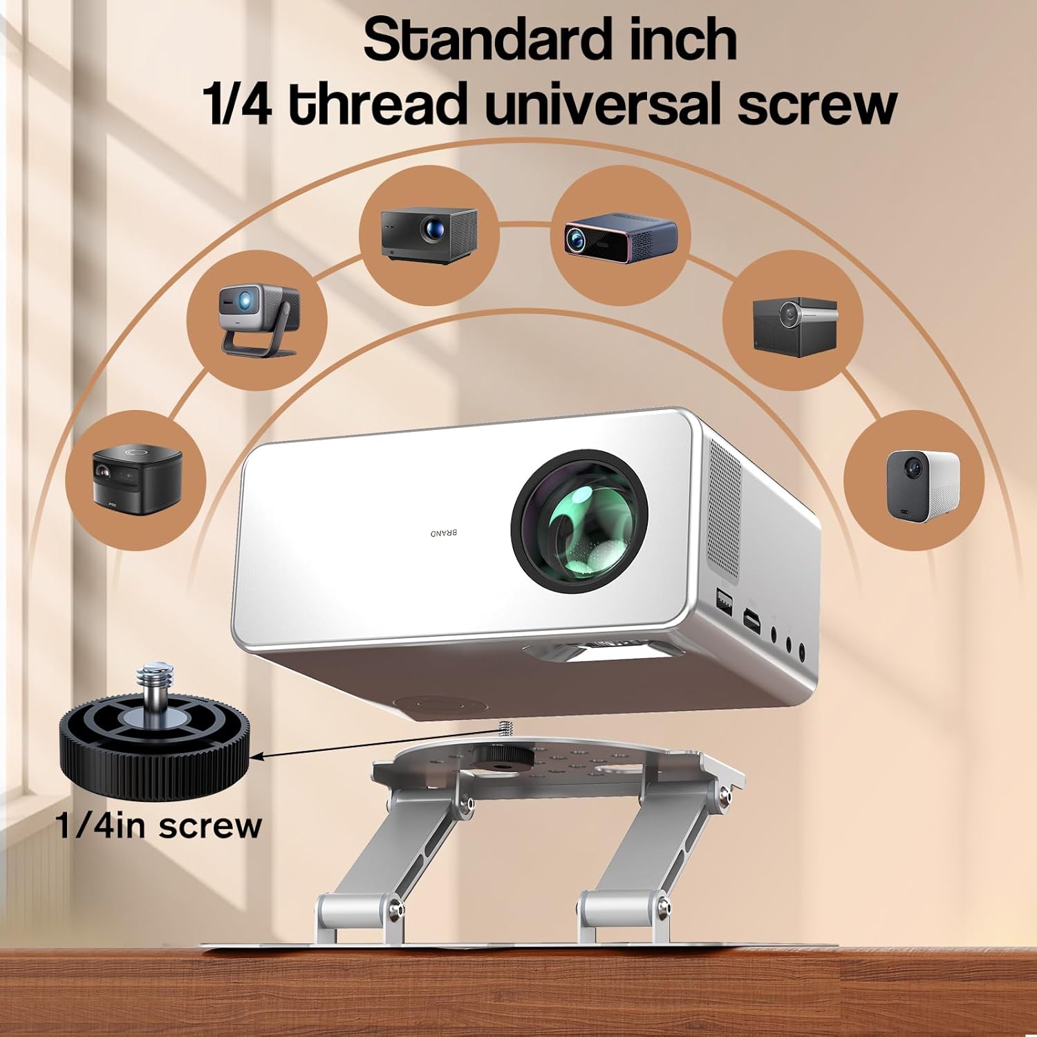 Mini Desktop Projector Stand Adjustable Table Mount with 1/4" Screw Mini Holder Bracket with  Ties,180? Dual-Axis Rotation, Multi-Hole Design, Anti-Slip Pads for Secure Projector Holder