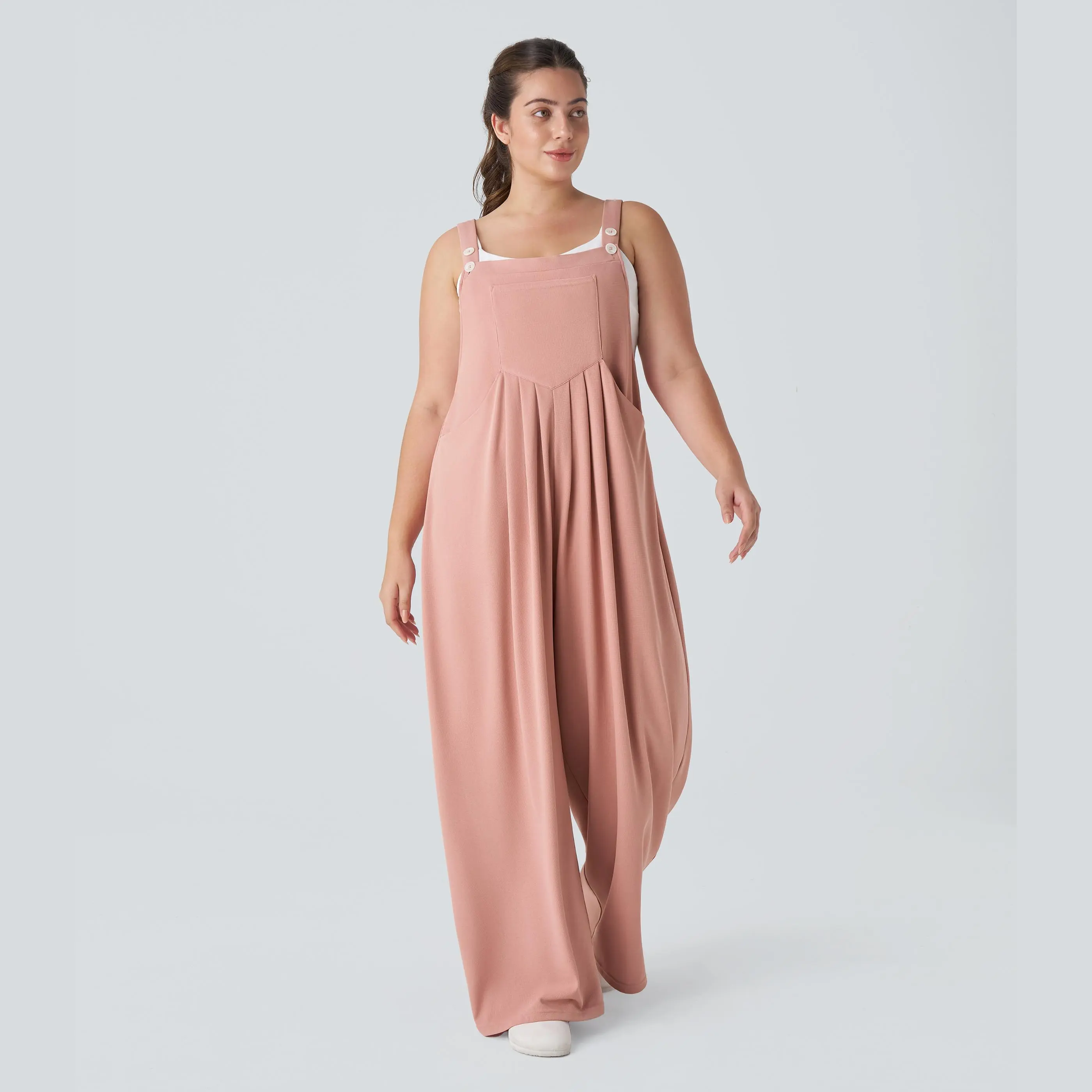 Halara Adjustable Strap Button Multiple Pockets Waffle Casual Plus Size Overalls