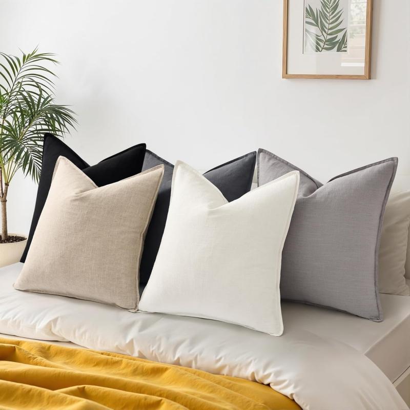 Spring Decorative Linen Throw   20x20 Inch Set of 2 Natural Beige   with Flange Edges Soft Farmhouse Boho Accent  Cases for Couch Bed Living Room Pillow Covers