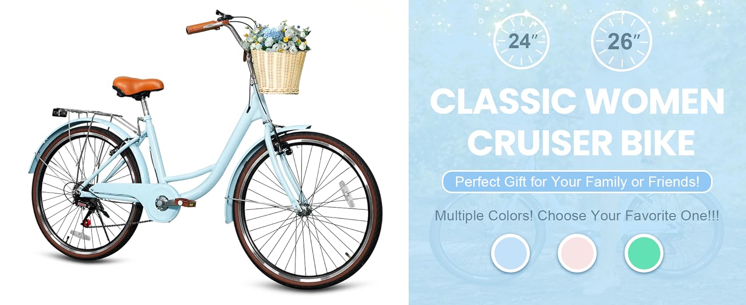Beach Cruiser Bike for Women, 24 inch 7 Speed Commute Bike for Adults, Women Bicycle with Ratten Basket and Adjustable Seat, Lightweight Step Through Bike for Adults Women Ladies, Light Blue Beach Cruiser Bike for Women, 24 inch 7 Speed Commute Bike for Adults, Women Bicycle with Ratten Basket and Adjustable Seat, Lightweight Step Through Bike for Adults Women Ladies, Light Blue