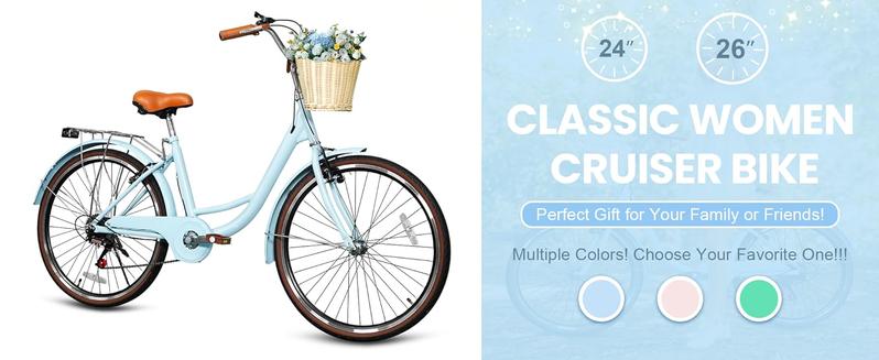 Beach Cruiser Bike for Women, 24 inch 7 Speed Commute Bike for Adults, Women Bicycle with Ratten Basket and Adjustable Seat, Lightweight Step Through Bike for Adults Women Ladies, Light Blue