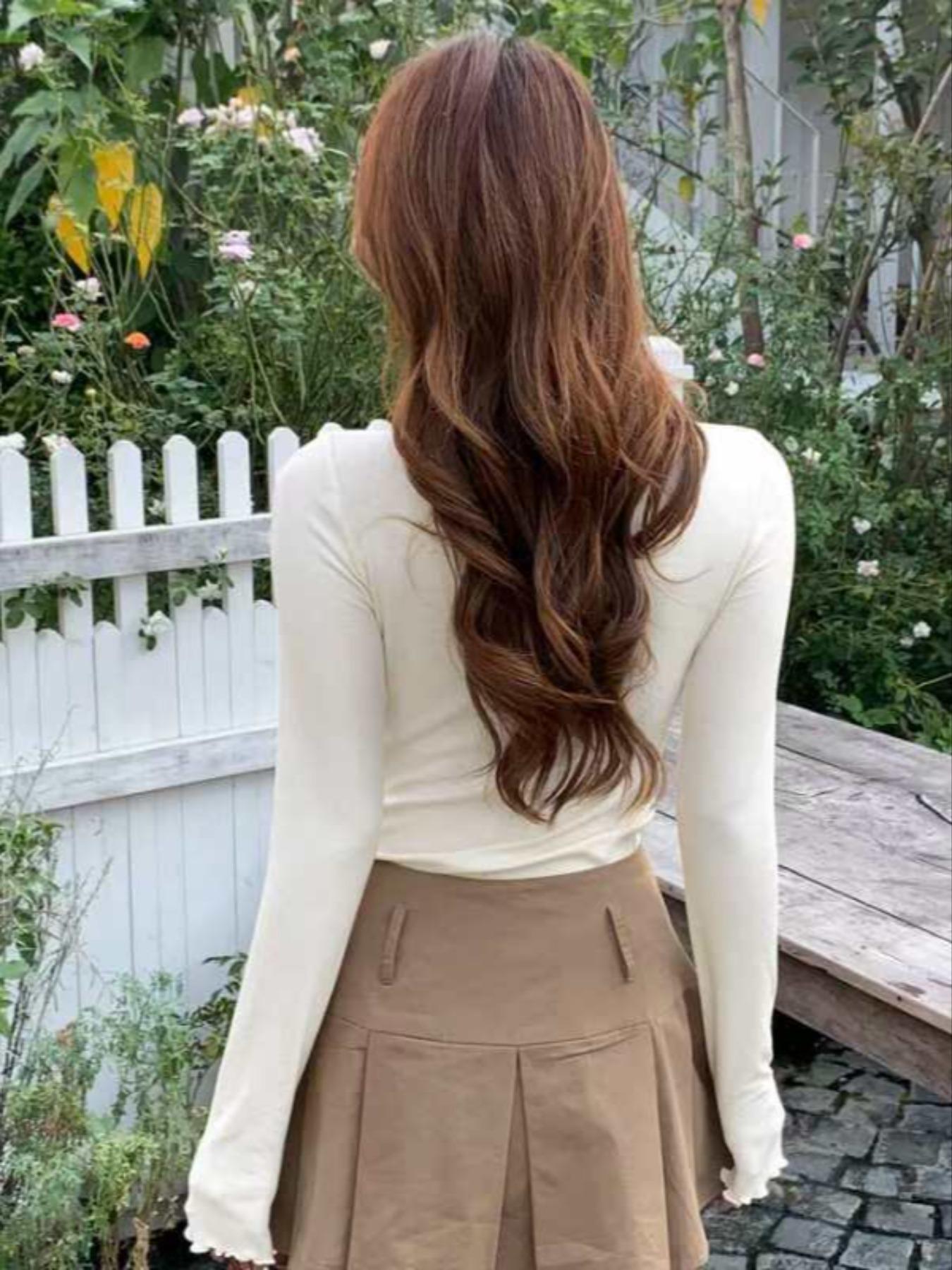 Women's Solid Lettuce Trim Mock Neck Tee, Casual Long Sleeve T-shirt for Spring & Fall, Women's Clothing for Everyday Wear, Top, Womenswear, Fit