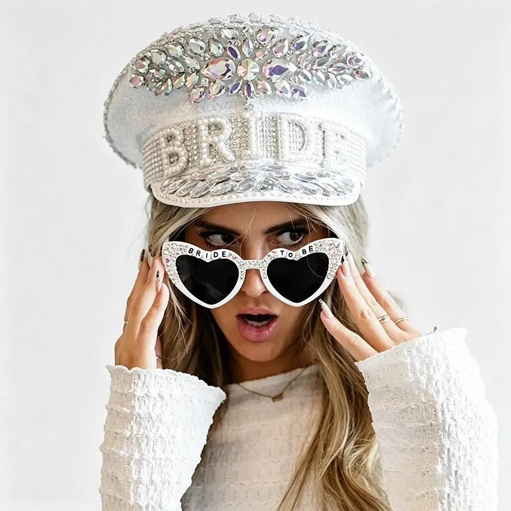 Bride to be Rhinestone White Heart party glasses, Party accessory summer coast beach pool park indoor outdoor disco cowgirl wedding engagement Bachelorette hen party weekend girls trip bridal shower decoration Photo props Honeymoon Travel future mrs Gift