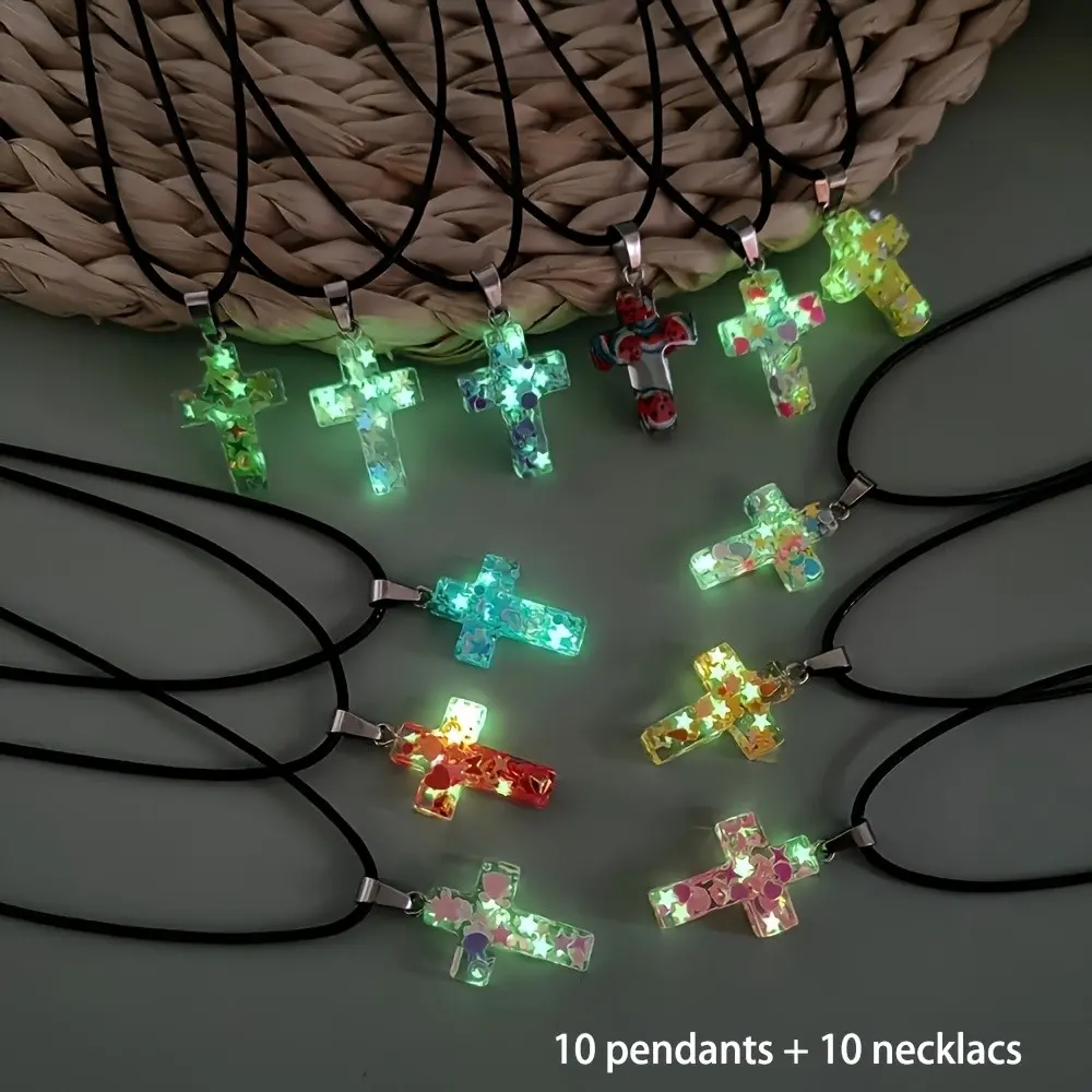10 Sets Resin Glitter Cross Glow-In-The-Dark Pendants, Adjustable Necklace Chains, DIY Jewelry Making, Perfect Gift Set