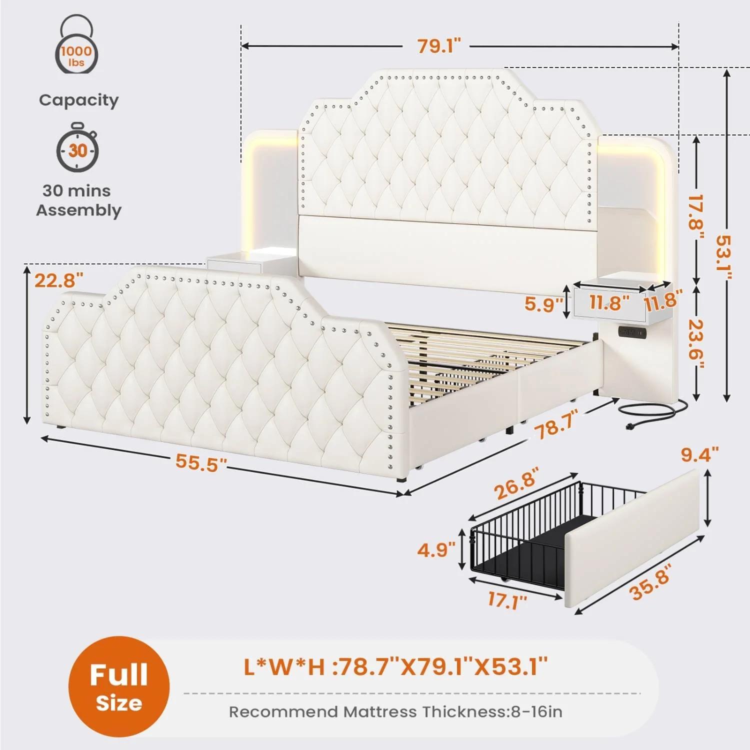 Sikaic PU Leather Upholstered LED Bed Frame with 2 Nightstands White Platform Bedframe Furniture Bedroom Diamond Tufted Headboard & RGB LED Light Strip
