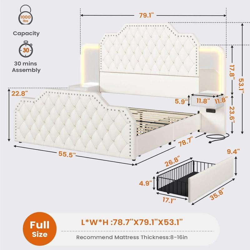 Sikaic PU Leather Upholstered LED Bed Frame with 2 Nightstands White Platform Bedframe Furniture Bedroom Diamond Tufted Headboard & RGB LED Light Strip