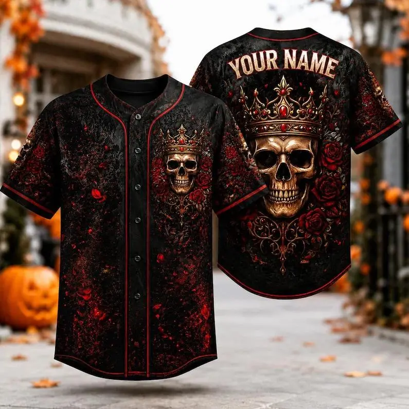 Crown Skull Dark Rose Short Sleeve Baseball Jersey, Gothic King Grunge Casual Streetwear Top # TikTokMadeMeBuyIt # GothicBaseballJersey # SkullCrownPrint # DarkRoseDesign # EdgyStreetFashion # AlternativeCasualFit # GothStyleGift