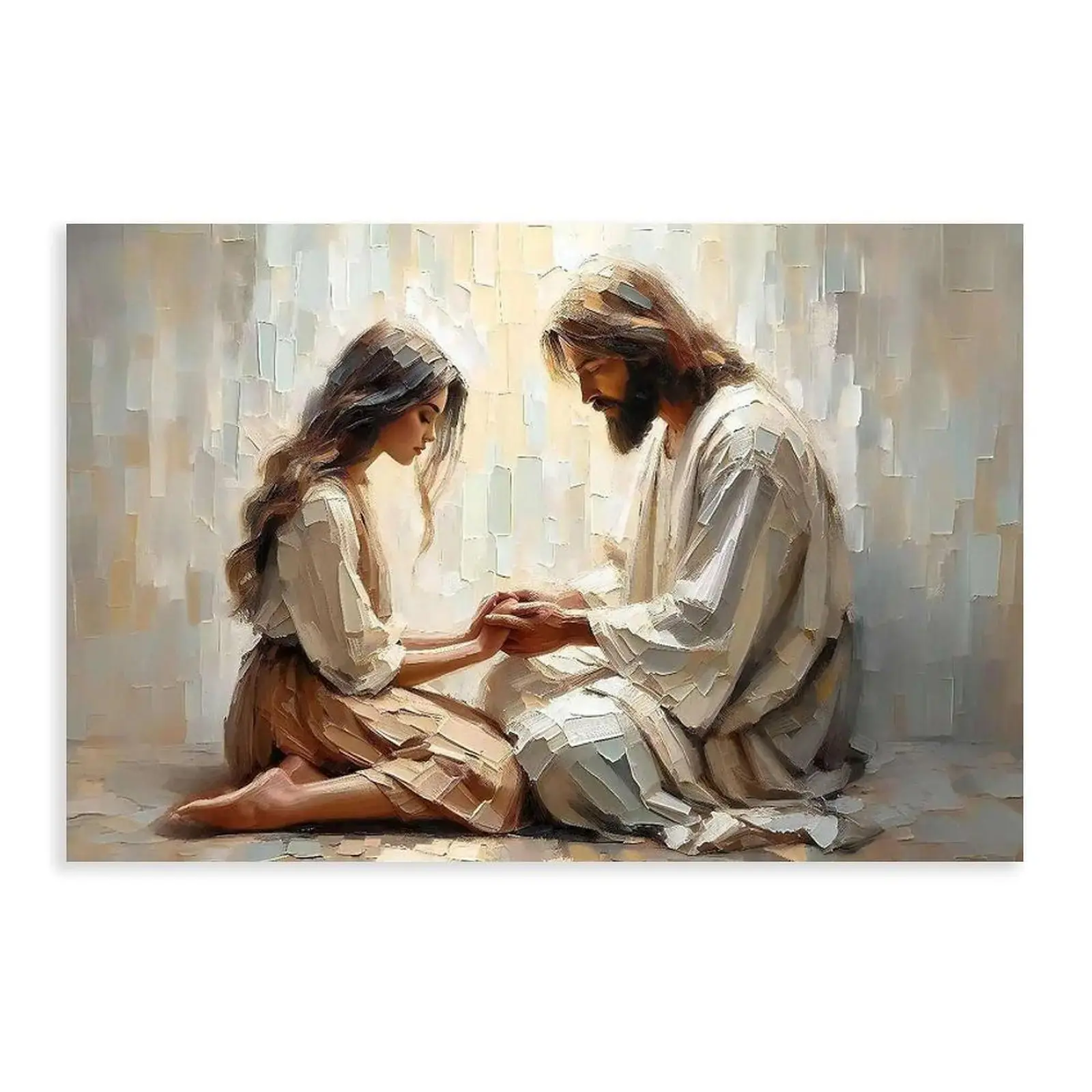Artistic Minimalist Christian Painting, Modern Jesus & Woman Holding Hands LDS Bible Wall Art Canvas Print, 12x18 in Room Home Decor - Home Supplies Posters & Prints